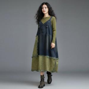 Blue Contrast Fringed Balloon Jean Dress