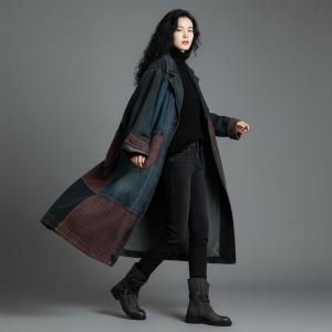 Red Plaid Wide Lapel Denim Trench Coat