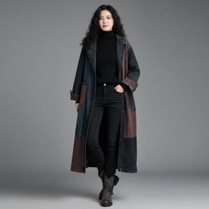 Red Plaid Wide Lapel Denim Trench Coat