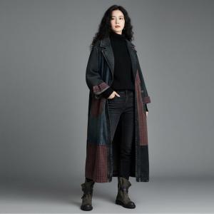 Red Plaid Wide Lapel Denim Trench Coat