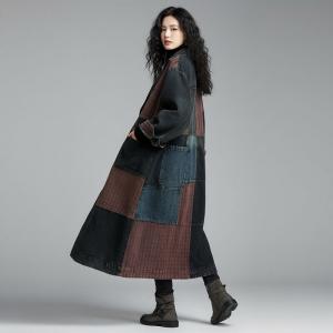 Red Plaid Wide Lapel Denim Trench Coat