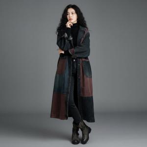Red Plaid Wide Lapel Denim Trench Coat