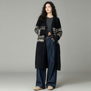 V-Neck Vable Knit Fair Isle Cardigan