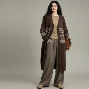 V-Neck Vable Knit Fair Isle Cardigan