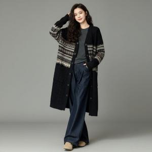 V-Neck Vable Knit Fair Isle Cardigan
