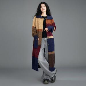Multi-Colored Lapel Midi Sweater Cardigan