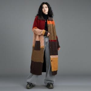 Multi-Colored Lapel Midi Sweater Cardigan