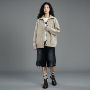Single-Breasted Turn-Down Collar Knit Sweater Coat