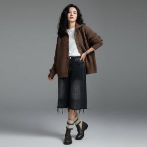 Single-Breasted Turn-Down Collar Knit Sweater Coat