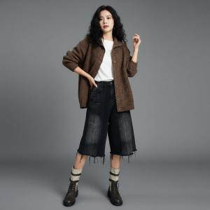 Single-Breasted Turn-Down Collar Knit Sweater Coat