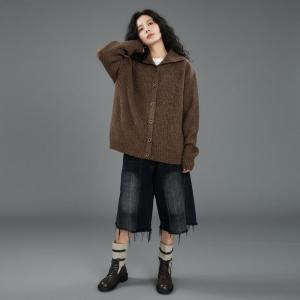 Single-Breasted Turn-Down Collar Knit Sweater Coat