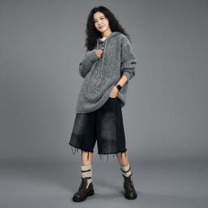 Wool Blend Knitted Plain Hooded Sweater