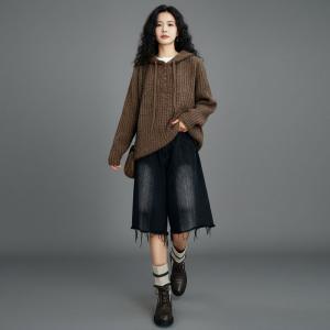 Wool Blend Knitted Plain Hooded Sweater