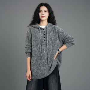 Wool Blend Knitted Plain Hooded Sweater