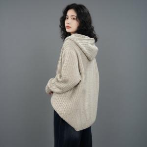 Wool Blend Knitted Plain Hooded Sweater