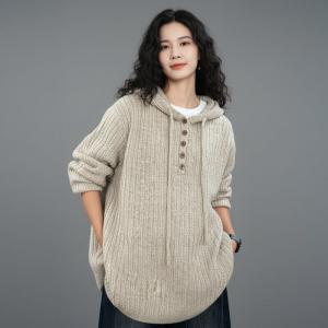 Wool Blend Knitted Plain Hooded Sweater
