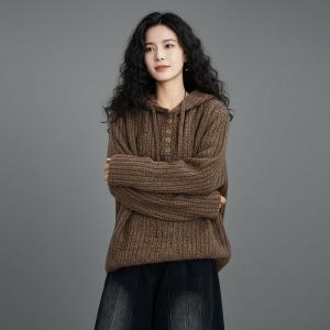 Wool Blend Knitted Plain Hooded Sweater
