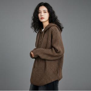 Wool Blend Knitted Plain Hooded Sweater