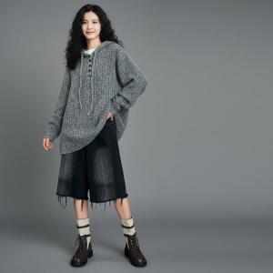 Wool Blend Knitted Plain Hooded Sweater