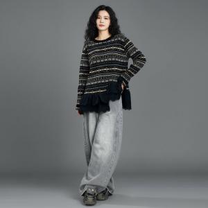 Lace Trim Long Sleeves Fair Isle Sweater