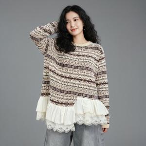 Lace Trim Long Sleeves Fair Isle Sweater