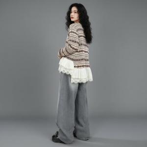 Lace Trim Long Sleeves Fair Isle Sweater