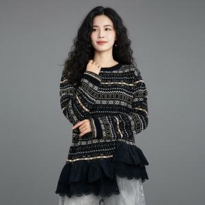 Lace Trim Long Sleeves Fair Isle Sweater