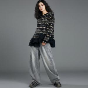 Lace Trim Long Sleeves Fair Isle Sweater