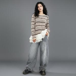 Lace Trim Long Sleeves Fair Isle Sweater