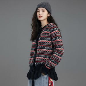 Drawstring Lace Trim Fair Isle Short Cardigan