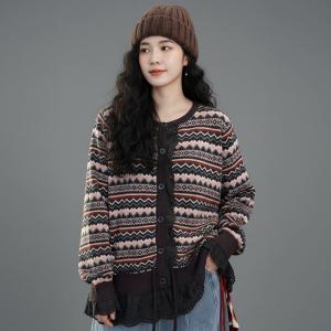 Drawstring Lace Trim Fair Isle Short Cardigan