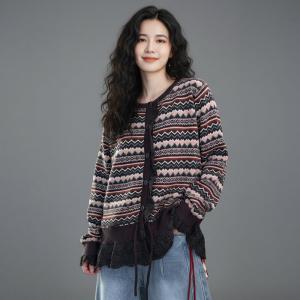 Drawstring Lace Trim Fair Isle Short Cardigan