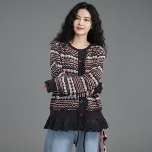 Drawstring Lace Trim Fair Isle Short Cardigan