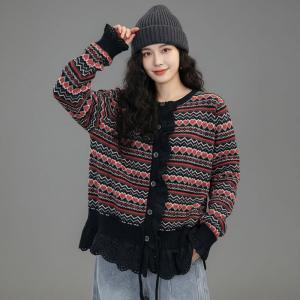 Drawstring Lace Trim Fair Isle Short Cardigan