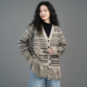 Crochet Lace Trim Fair Isle V-Neck Cardigan