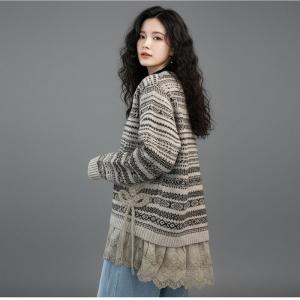 Crochet Lace Trim Fair Isle V-Neck Cardigan