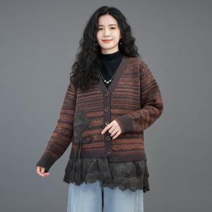 Crochet Lace Trim Fair Isle V-Neck Cardigan