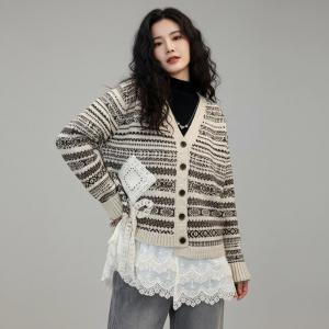 Crochet Lace Trim Fair Isle V-Neck Cardigan