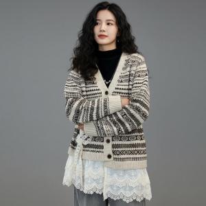 Crochet Lace Trim Fair Isle V-Neck Cardigan