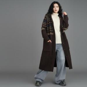 Cable Knit Winter Hooded Long Fair Isle Coat