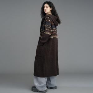 Cable Knit Winter Hooded Long Fair Isle Coat
