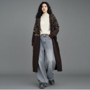 Cable Knit Winter Hooded Long Fair Isle Coat