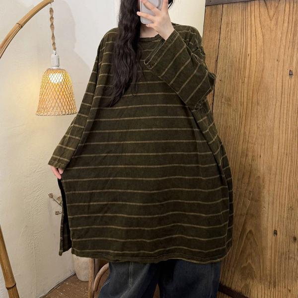 Casual 100% Cotton Long Sleeve Round Neck Striped Dark Green comfy slouchy plus size lazy day travel resort brunch rustic cottagecore