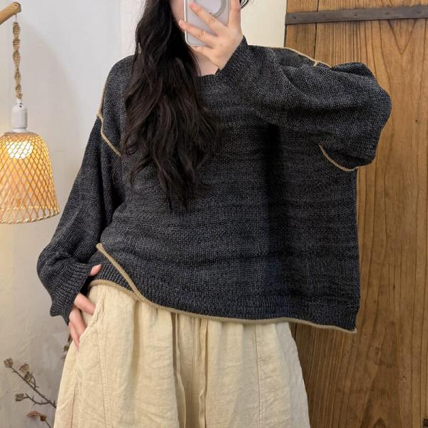 Casual Cotton Blend Long Sleeve Round Neck Solid Color Khaki Rust Dark Green Coffee Black comfy tropical resort travel slouchy lazy day 90s