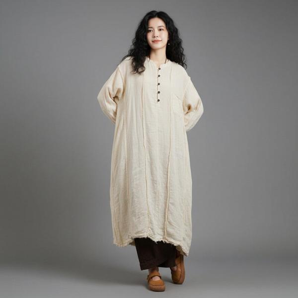 Casual 100% Linen Long Sleeve Round Neck Solid Color Beige Army Green Mustard comfy oversized lazy day resort travel cottagecore conservative rustic