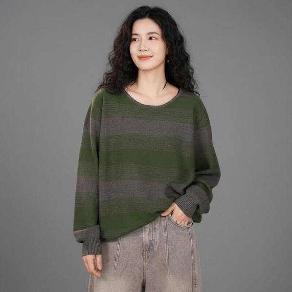 Casual Knitted Cotton Long Sleeve Round Neck Striped Dark Green comfy oversized slouchy lazy day cottagecore rustic earthy