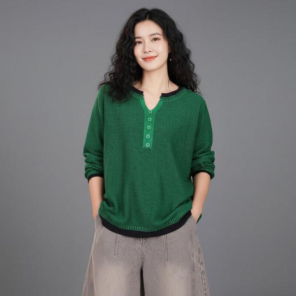 Casual Knitted Cotton Long Sleeve V-Neck Solid Color Dark Green comfy oversized lazy day travel resort cottagecore rustic