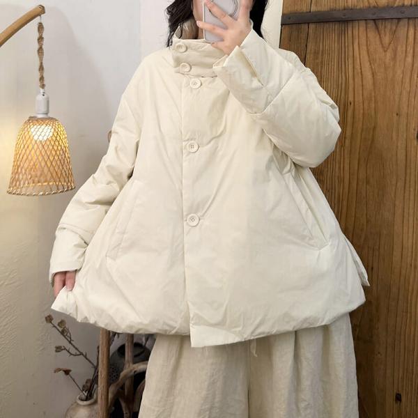 Casual White Duck Down Long Sleeve Stand Collar Solid Color Beige comfy slouchy lazy day resort travel oversized cottagecore rustic