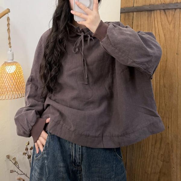 Casual 100% Linen Long Sleeve Stand Collar Solid Color Black Light Purple Coffee comfy oversized baggy lazy day resort cottagecore rustic
