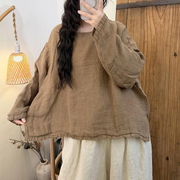 Casual 100% Linen Long Sleeve Round Neck Solid Color Purple Dark Red Light Coffee Blue Reddish Orange comfy oversized slouchy lazy day resort travel cottagecore rustic